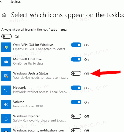 Windows 10 WindowsUpdateステータスアイコン設定を非表示にする2