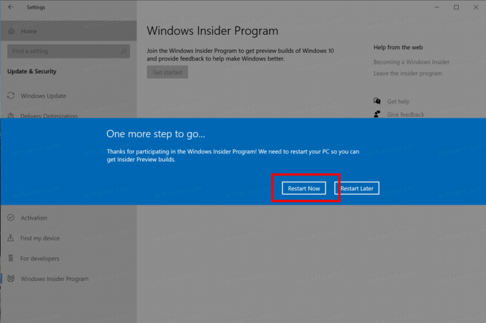 Windows 10 내부자 채널 다시 시작 변경