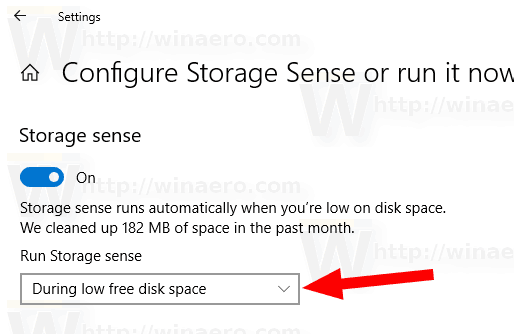 Página de configuração do Windows 10 Storage Sense e Executar agora