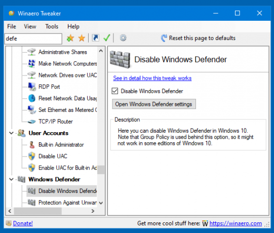 Winaero Tweaker 0.16.1 ปิดการใช้งาน Defender