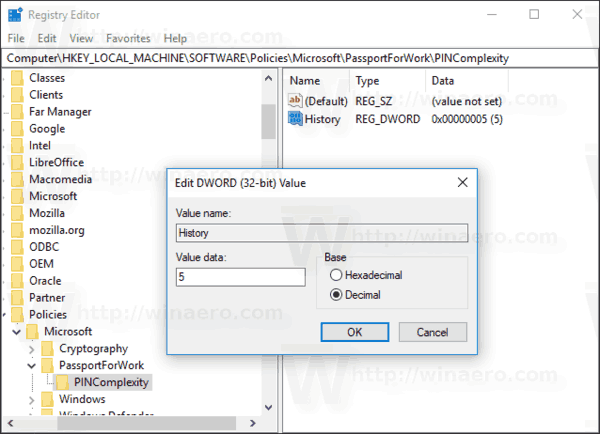 Windows 10 Aktiver PIN History Registry