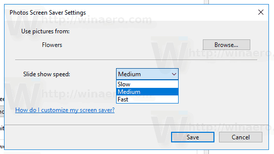 Windows 10 Photos Saver სლაიდ შოუს სიჩქარე