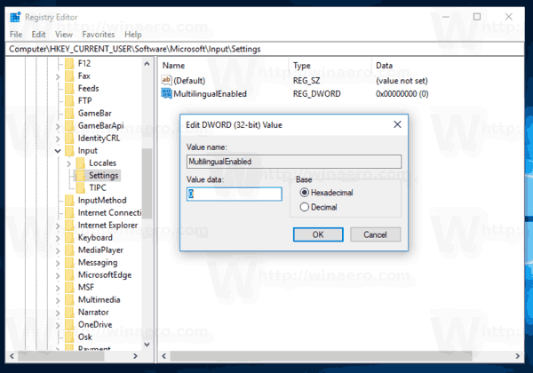 Налаштування реєстру багатомовного передбачення тексту Windows 10