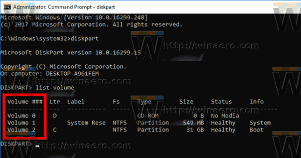 Wolumin listy Diskpart systemu Windows 10
