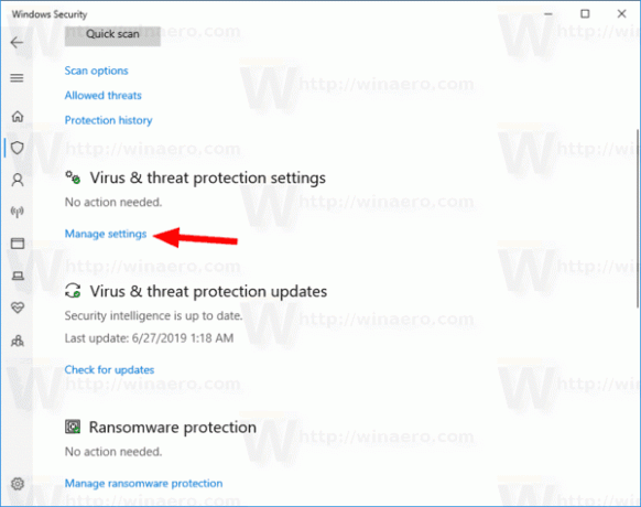 Виндовс 10 Виндовс безбедносна заштита од вируса и претњи Управљајте подешавањима