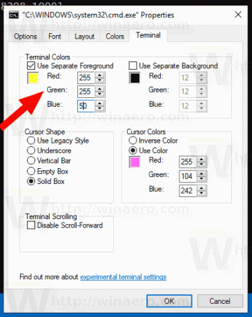 Windows 10-ში შეცვალეთ ტერმინალის წინა პლანზე ფერი