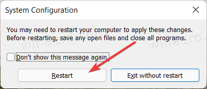 „Msconfig“ paleiskite iš naujo, kad paleistumėte „Windows 11“ saugiuoju režimu