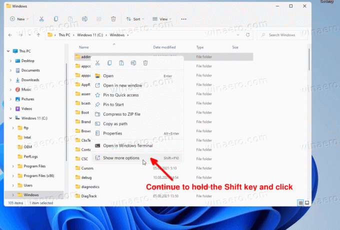 Windows 11 Houd Shift ingedrukt en klik op Geavanceerde opties weergeven