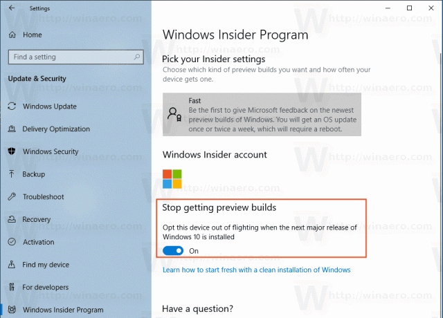 Прекратить получать предварительные сборки после основного выпуска Windows 10