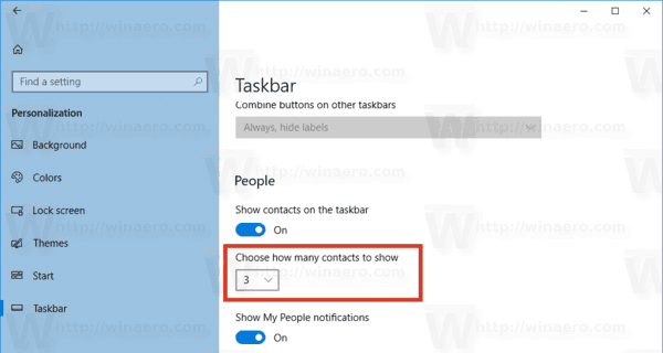 La configuración de Windows 10 cambia cuántos contactos fijar