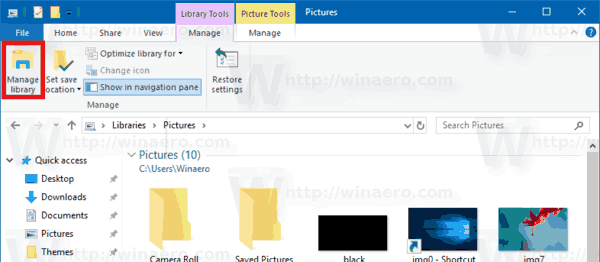 Windows 10 Hallitse kirjastoa -painike