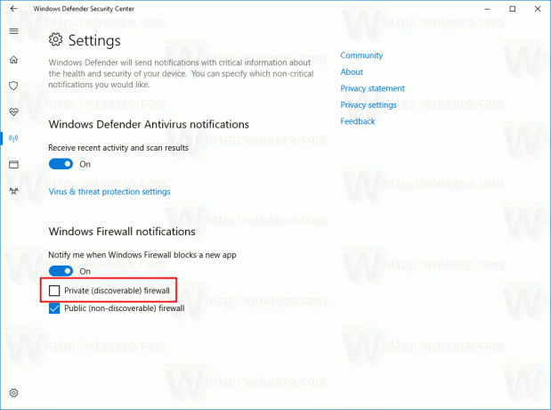 Wyłącz powiadomienia zapory w systemie Windows 10 według typu sieci