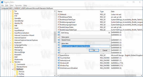 Windows 10 Angi Narrator Voice Registry