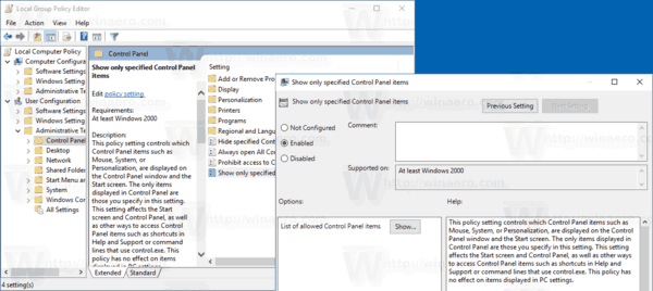 GP-ohjauspaneelin sovelmat Windows 10:ssä