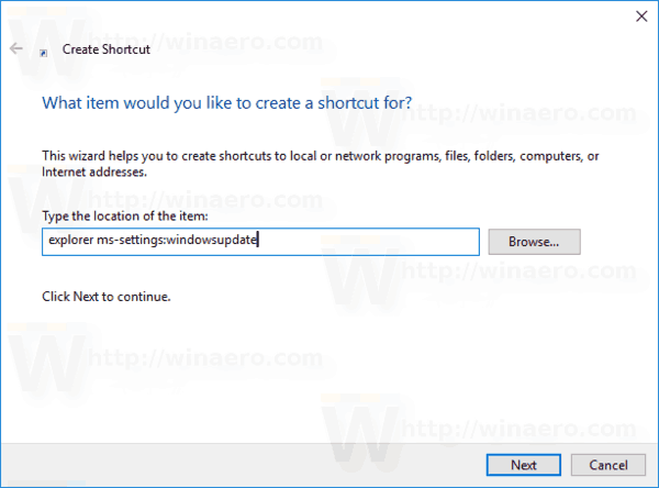 Windows 10 Δημιουργία συντόμευσης του Windows Update