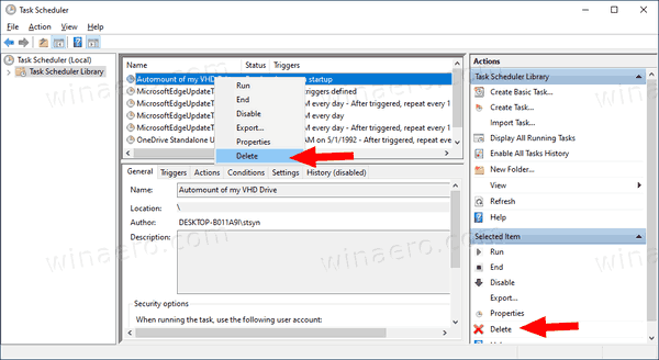 Windows 10 Automount VHD dzēšanas uzdevums