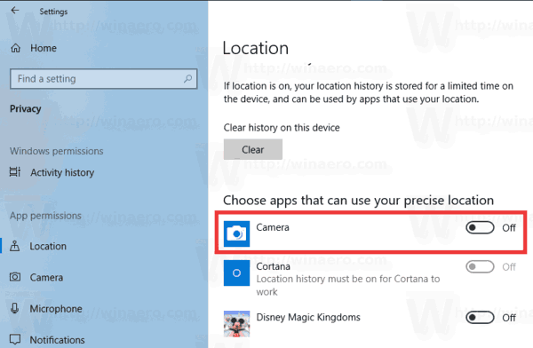 Acces la locație Windows 10 pentru aplicații