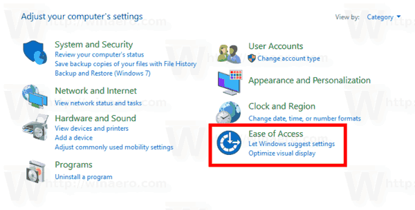 Ícone de facilidade de acesso do painel de controle do Windows 10