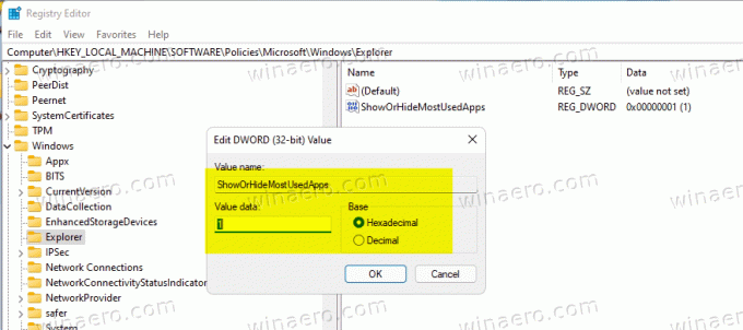 Visa eller dölj de mest använda apparna i Windows 11-registret