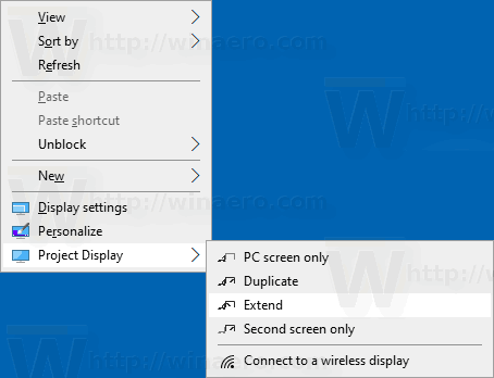 Přidat kontextovou nabídku Project Display Desktop Windows 10