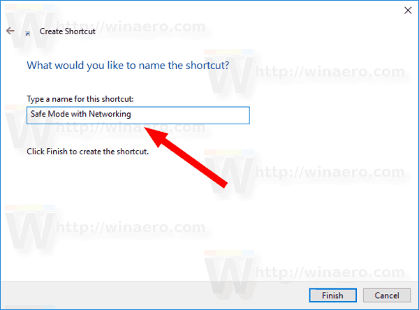 קיצור דרך שם של Windows 10 למצב בטוח עם רשת