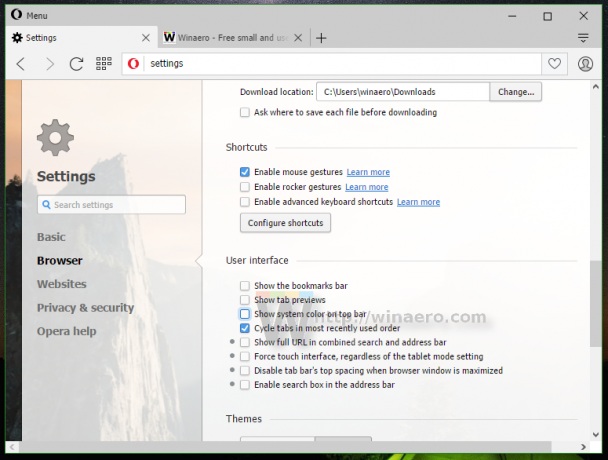 Az Opera 36 alapértelmezett megjelenése a Windows 10 rendszerben
