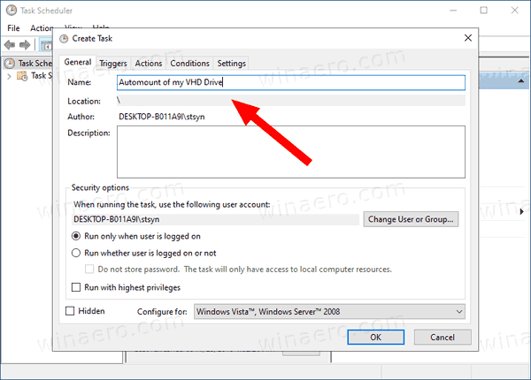 Windows 10 Automount VHD uzdevuma nosaukums