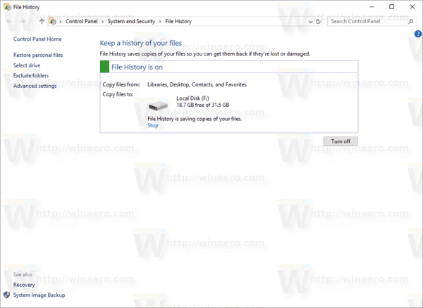 Windows 10 failu vēsture ir iespējota