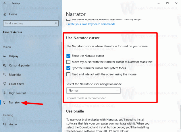 אפשרויות הסמן של Windows 10 Narrator