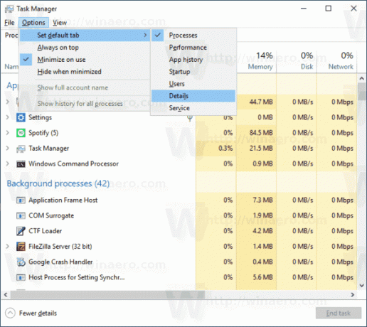 „Windows 10“ užduočių tvarkyklės numatytasis skirtukas