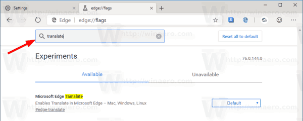 Флаг за преводач на Microsoft Edge Canary