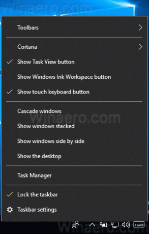 „Windows 10“ užduočių juostos kontekstinis meniu 