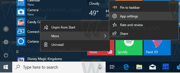 Nabídka nastavení aplikace Windows 10
