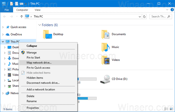 Windows10マップネットワークドライブのコンテキストメニュー 