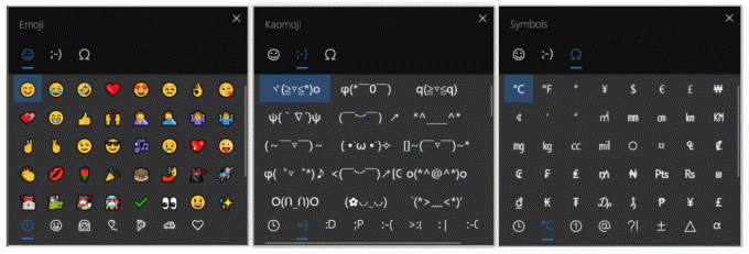 Le panneau emoji, affichant la page emoji, la page kaomoji et la page des symboles.