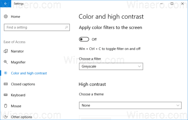 Windows 10 ფერის ფილტრების კონფიგურაცია 
