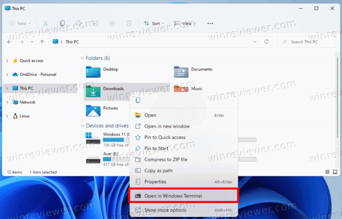 Windows 11 Otwórz w terminalu Windows Kliknij prawym przyciskiem menu