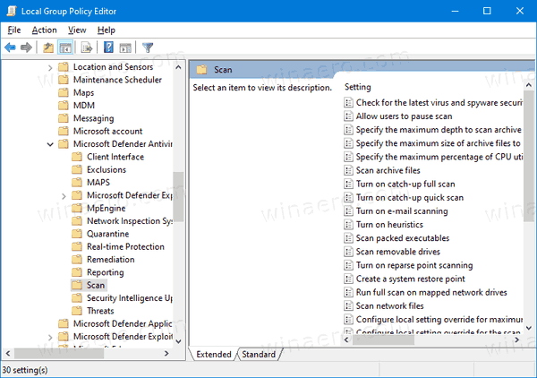Windows 10 Defender სკანირების ჯგუფის პოლიტიკა