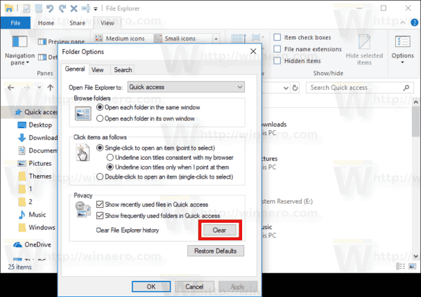 Windows 10 ล้างโฟลเดอร์ที่ใช้บ่อยและไฟล์ล่าสุด