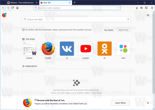 Firefox 57 Deschideți fila nouă