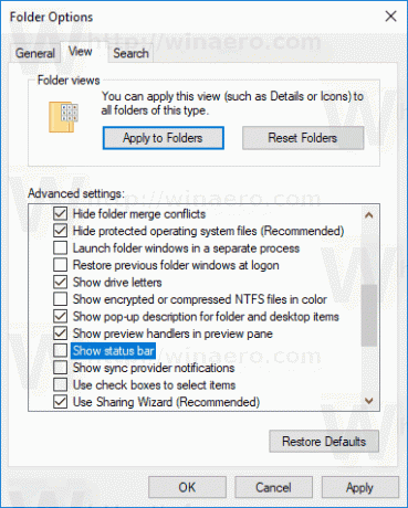 Barre d'état de désactivation de Windows 10 dans l'explorateur de fichiers