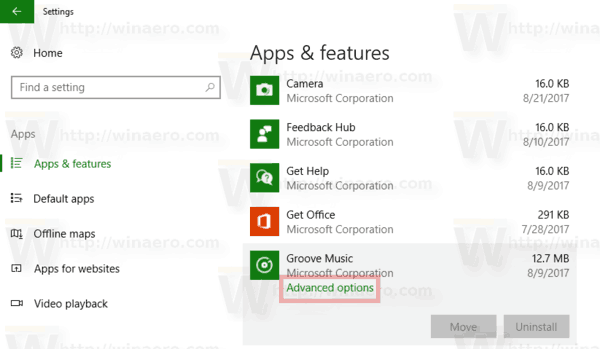 Groove Music Разширени опции Връзка в списъка с приложения