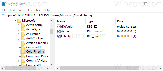 Podešavanje registra filtera boja u sustavu Windows 10 