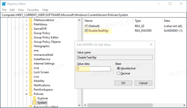 Windows 10 Poista Task Managerin rekisterin säätö käytöstä