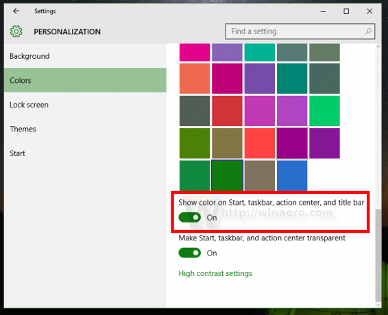 Windows 10 10586 za personalizacijo, barva prikazuje barvo v akcijskem središču začetnega menija naslovne vrstice