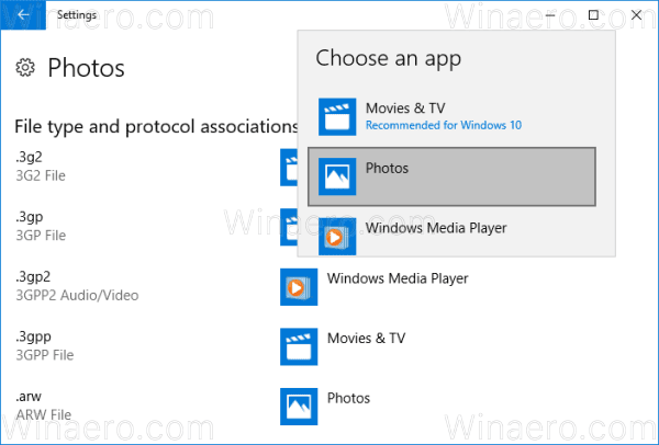 Windows 10 Změňte výchozí nastavení podle aplikace 