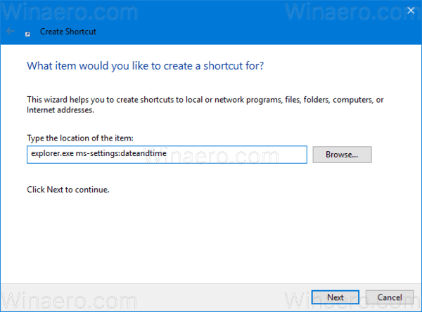 Windows 10 Crea collegamento alle impostazioni di data e ora 