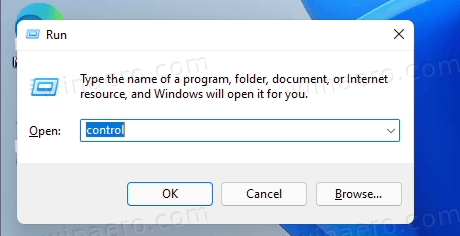 Otwórz Panel sterowania w systemie Windows 11 z okna dialogowego Uruchom
