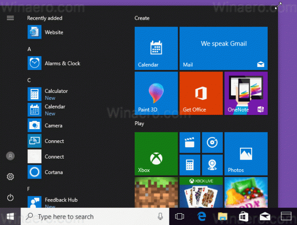 قائمة ابدأ لتغيير الحجم القطري لنظام Windows 10 