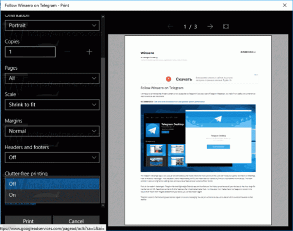 Opção livre de desordem da caixa de diálogo de impressão do Microsoft Edge